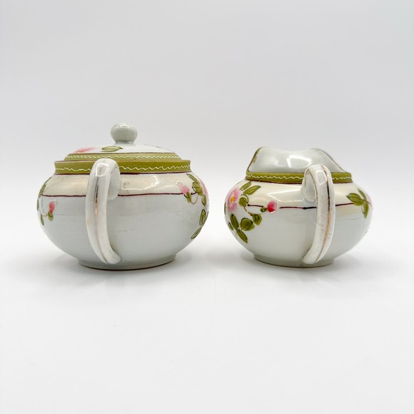 Antique Nippon Hand Painted Cream and Sugar Floral Rose w Moriage Pink Green - Picture 12 of 12